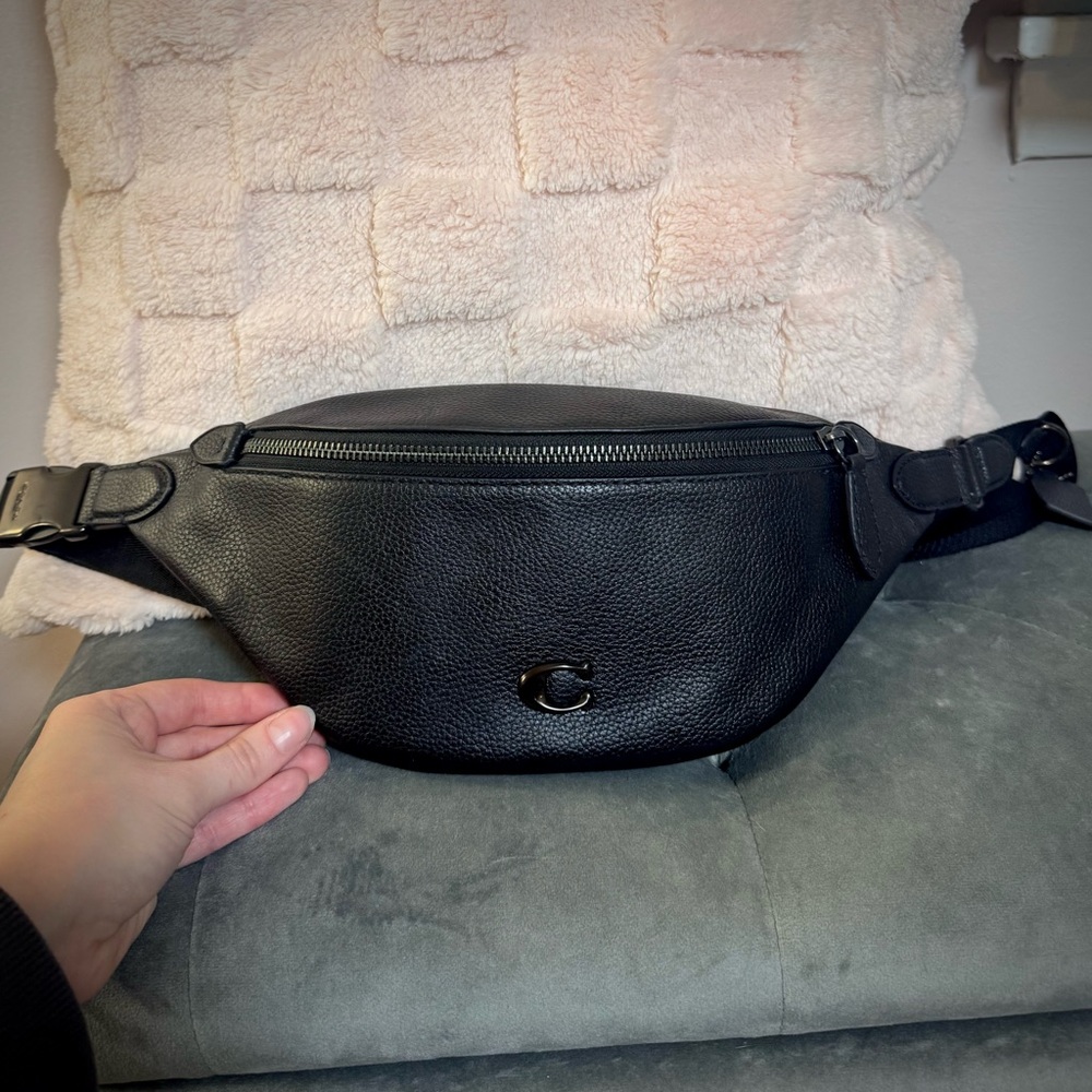 Coach Black Pebbled Leather Waist Bag with Logo Accent